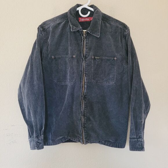 Supreme Mens Gray Corduroy Full Zip Jacket Shacket Sz Small Logo Pockets Buttons - Picture 1 of 10